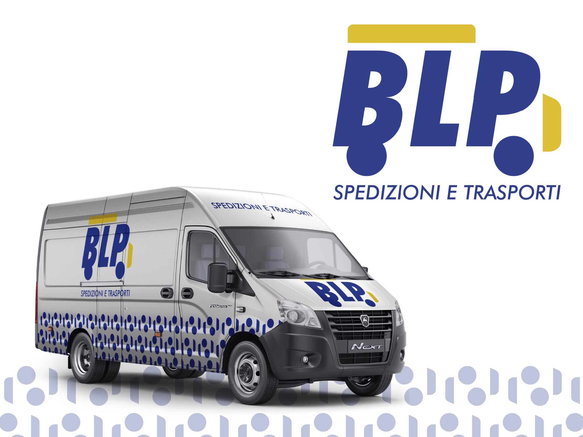 Logo e foto di un furgone con decorazioni adesive della ditta di trasporti e spedizioni BLP