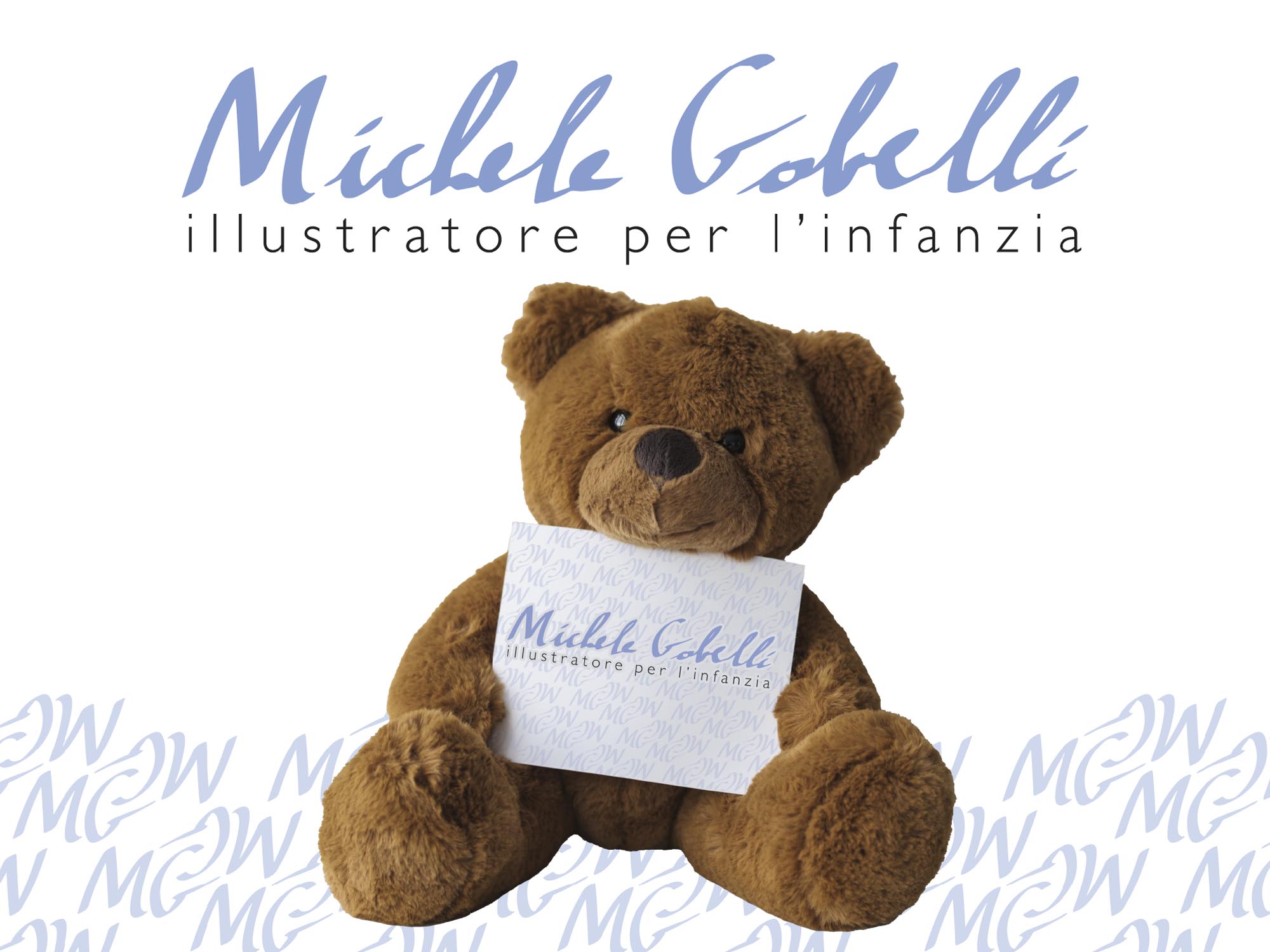 Logo e peluches di un orso con una tabella di Michele Gabelli illustratore per l'infanzia