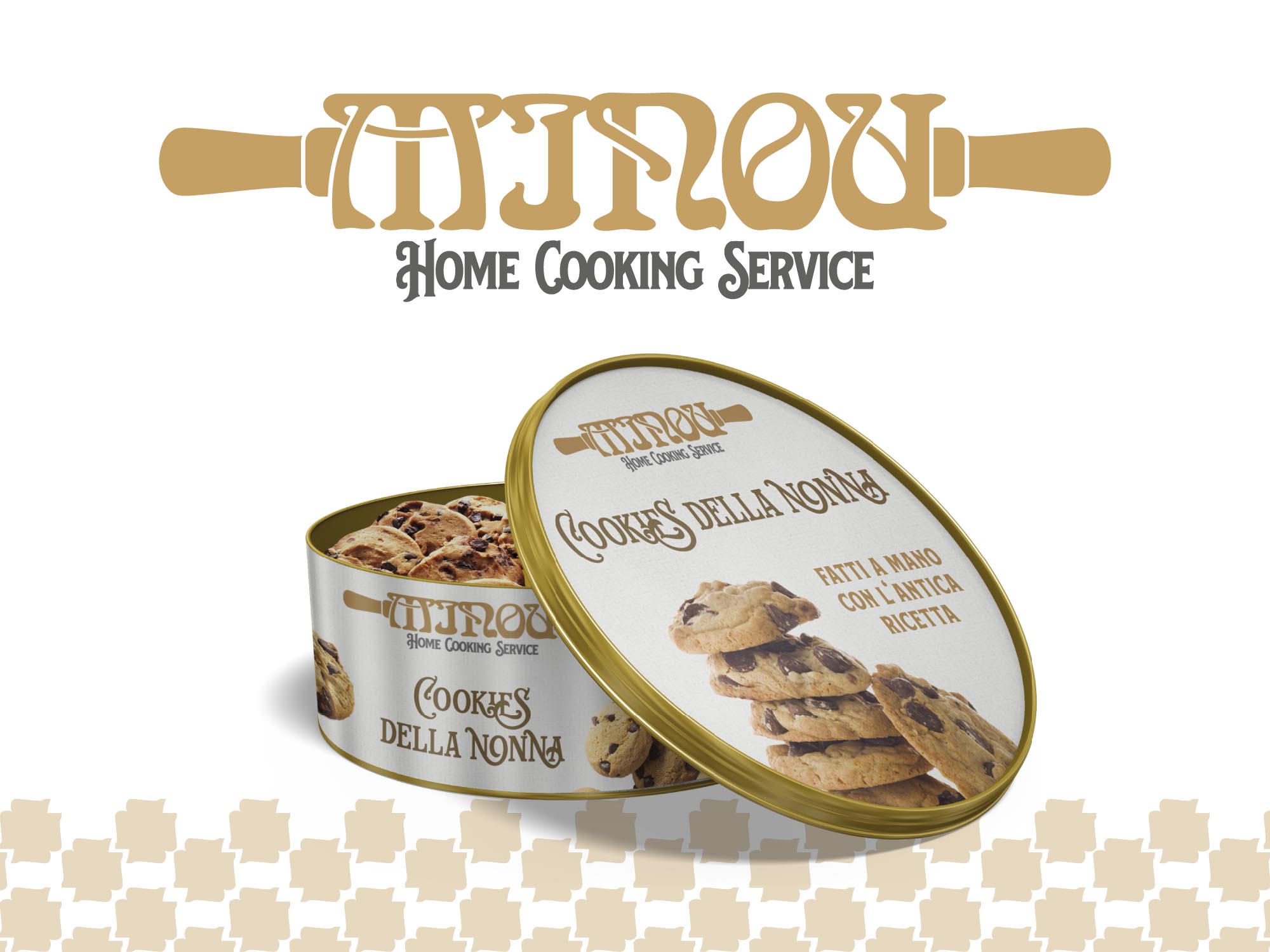 Logo e packaging di una scatola di biscotti in latta per la ditta Minou home cooking service